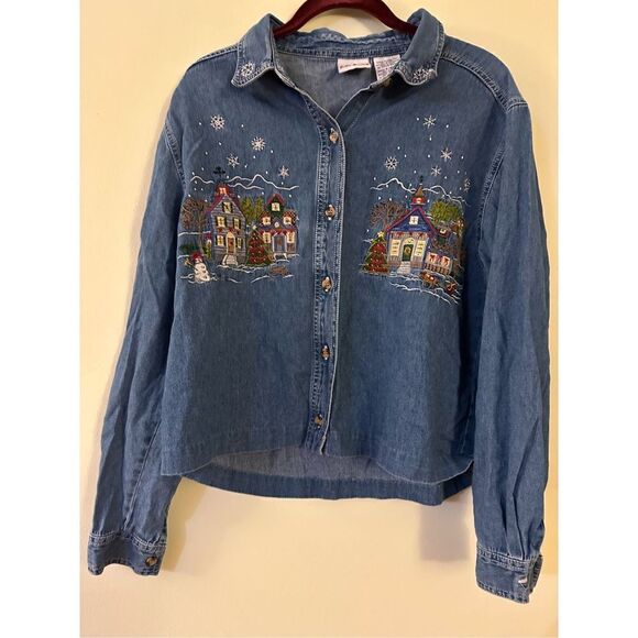 Bobbie Brooks Tops - Bobbie Brooks Christmas Village Scene Chambray Shirt